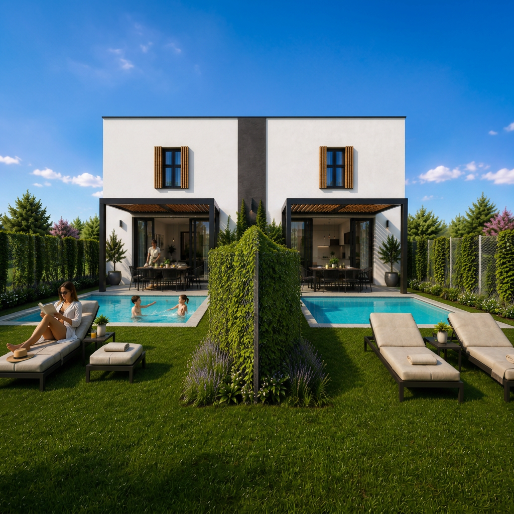 Jardín privado con piscina y terraza superior no transitable