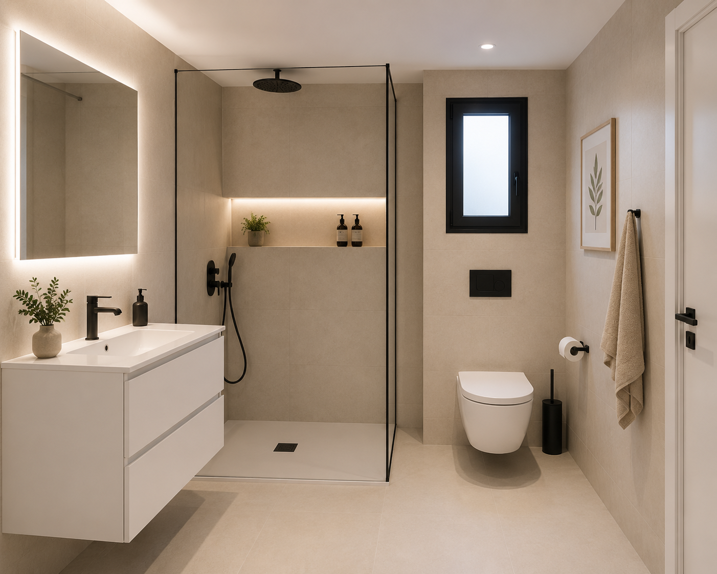 Baño completo con plato de ducha y acabados de calidad