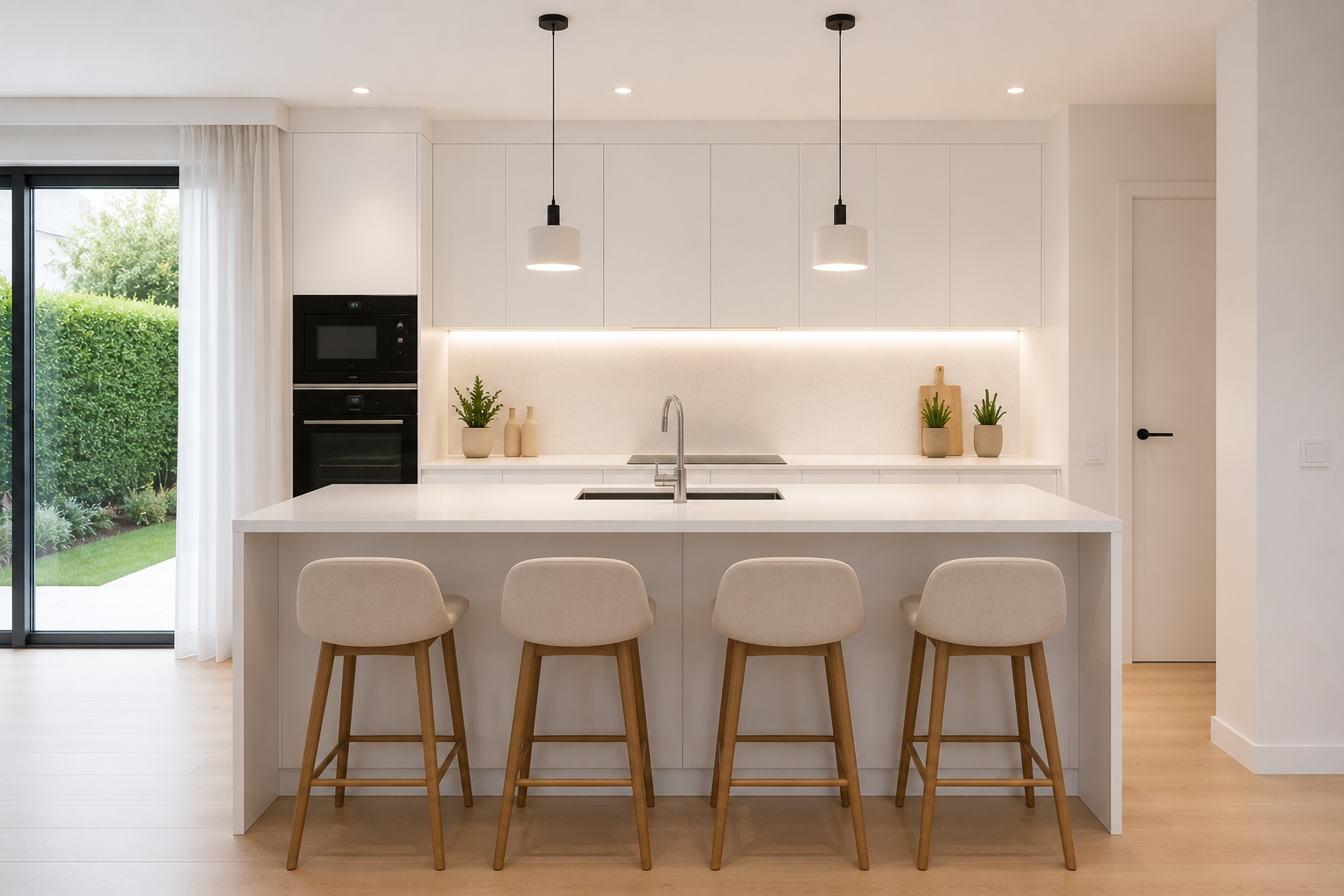 Cocina abierta con isla y vistas al jardín